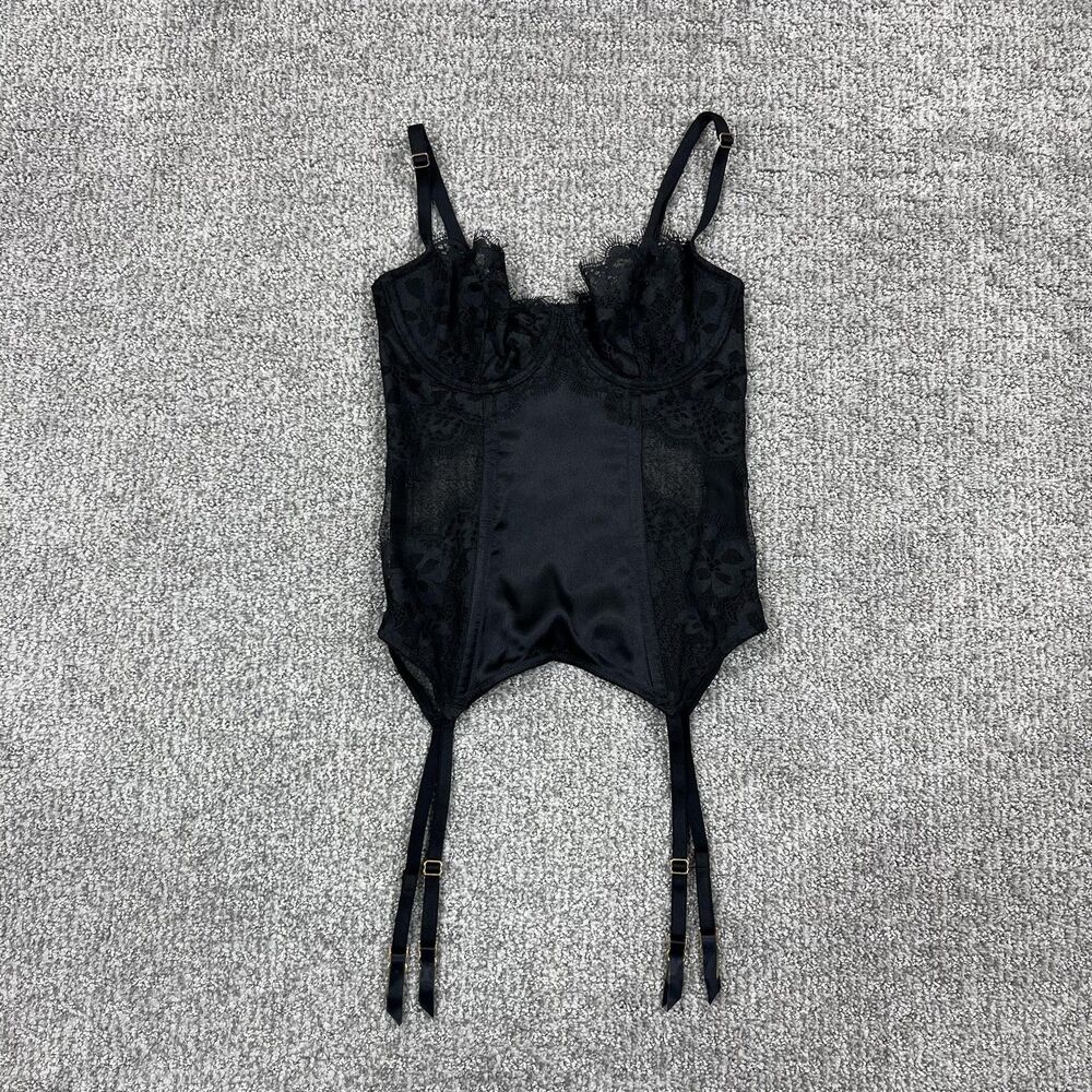 Victoria's Secret Bustier Womens 32B Black Lace Overbust Garter Lingerie Sexy